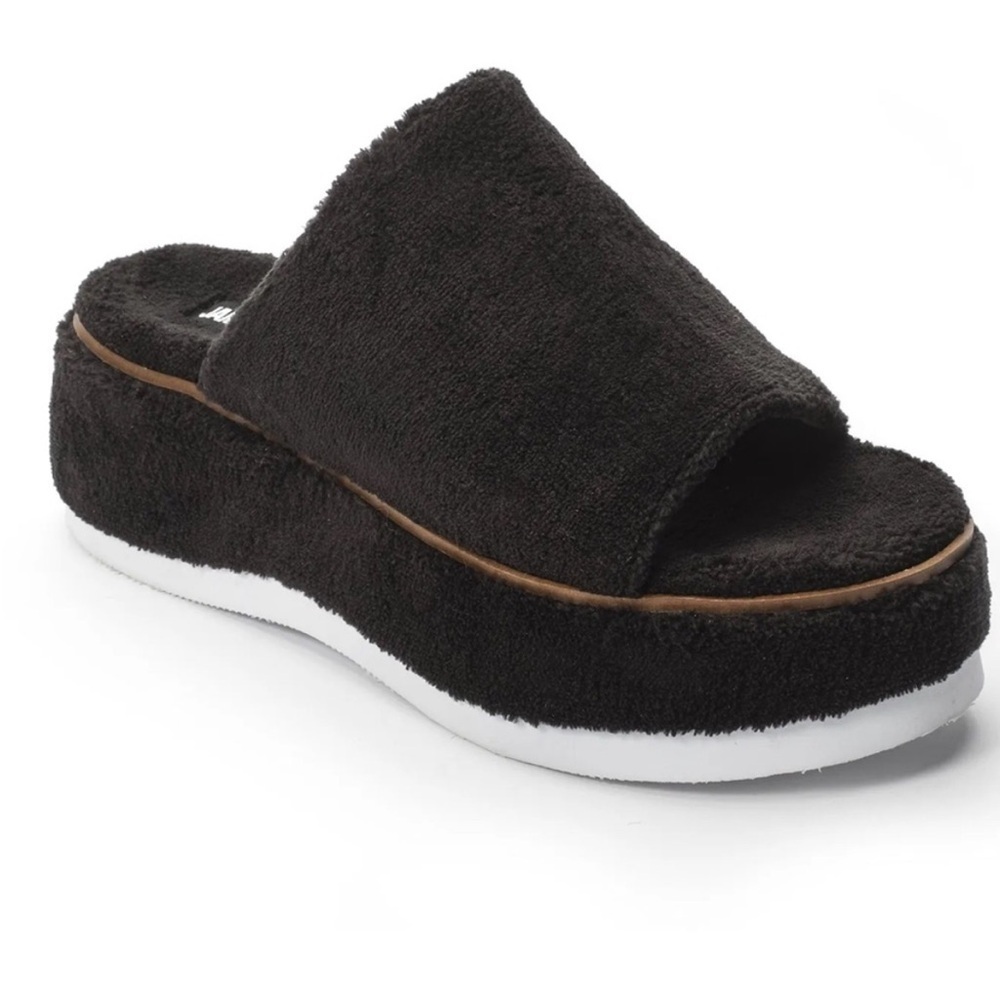 Jane and the shoe Jenny black fuzzy faux fur platform sandals